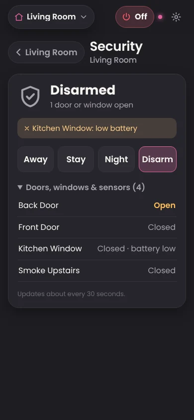 Huddy app: Alarm & sensors